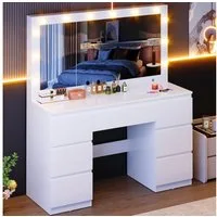Furnicopia Schminktisch mit 7 Schubladen mit 2 Steckdosen 1 USB-Anschluss 1 Tycp-Anschluss (Größe 120*40*140cm Großer Spiegel 106cm Eingebautes Schmuckkabinett LED-Lichter Einstellbare Farbtemperatur und Helligkeit-ostern geschenke)