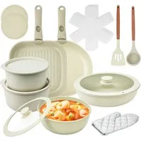 ElitVita Topf-Set Kochtopf set, mit Abnehmbarer Griff, Antihaft, Aluminiumguss, Aluminiumguss (Set, 23-tlg., 23-tlg.Ø20/26cm Pfanne, Ø26cm quadratische Backpfanne), mit Großer Löffel Spatel, für Alle Herdarten Backofenfest