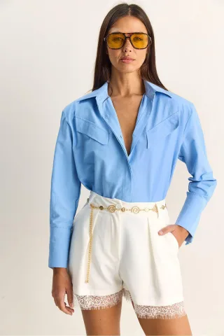 Lässige Langarm-Hemdbluse aus Popeline mit Tasche
