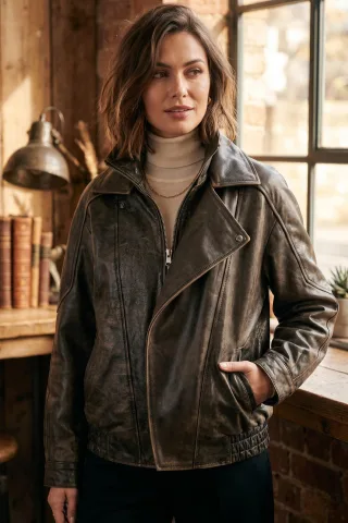 Damen braunes Kuhleder Big Bomber Biker Blouson Oversized Jacke – Bloom