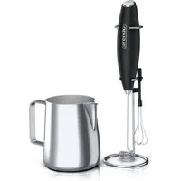Arendo Milchkännchen mit Stab Milchaufschäumer elektrisch Handmilchaufschäumer + Milchkanne, 0,35 l, Edelstahl, 350ml mit Messskala, Schneebesen und Dual-Quirl