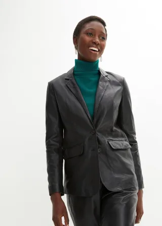 bonprix Blazer aus Lammnappa, schwarz, Gr.36, Modischer Lederblazer aus Lammnappa mit Pattentaschen, vielseitig kombinierbar., aus Nappaleder