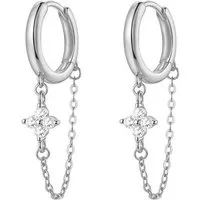 Hey Happiness Paar Ohrhänger Creolen mit Kette & Zirkonia Blume Anhänger, Filigrane Kettenohrringe aus 925 Sterling Silber, vergoldet