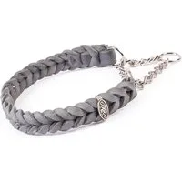 CopcoPet Hunde-Halsband Fettleder Halsband geflochten mit verchromter Zugstopp Kette, Leder, Leder, Geflochten, Handarbeit