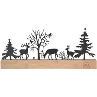 UNUS HOME Dekofigur Aufsteller Wald Silhouette 3 Hirsche Vögel Pilz (schwarz), Wald-Silhouette aus Metall und Bambus-Holz Wohndekoration