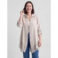 PEKIVESSA Longbluse Oversized Musselin Longbluse mit Häkelspitze am Saum