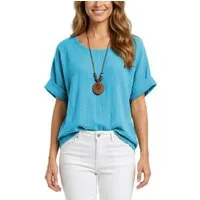 dy_mode Kurzarmbluse Damen Kurzarm Bluse Leichte Sommer Tunika Baumwollbluse Oberteil in Unifarbe, mit passende Kette