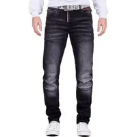 Cipo & Baxx Straight-Jeans Herren Straight Fit Hose Stonewashed BA-CD699 Logo-Schriftzüge als Akzente