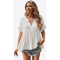Imily Bela Rüschenbluse Damen V-Ausschnitt geraffter Saum Lässig Sommer Oberteil aus Baumwolle (Packung, 1-tlg., 1per-Pack) Kurzarm in Unifarbe