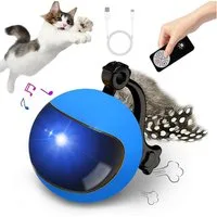 MOPUEA Tier-Intelligenzspielzeug Katzenball Interaktives Katzenspielzeug Ball mit Fernbedienung und LED, 7.7×5.3×6.5cm, mit Federschwanz und Glocke, LED-Lichter in vier Farben (1-tlg) In zwei Farben erhältlich: gelb, blau, perfekt für den Innenbereic