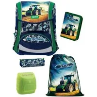 Familando Schulranzen Traktor Schultasche 1. Klasse, leicht, kompakt, ergonomisch (Set, 5-tlg., inkl. Federmäppchen, Schlamper & Turnbeutel), höhenverstellbares Rückenpolster, mit Brust- und Beckengurt