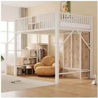 Celya Hochbett 140 × 200 cm Mit Markantem Geländerdesign Aus Holz und Metallgitter (ohne Matratze, mit Großem Kleiderschrank, Schubladen und Aufbewahrungsleiter) Geeignet für Schlafzimmer