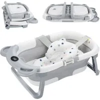 oyajia Babybadewanne Faltbare Badewanne PP&TPE Babywanne Badewannensitz, für 0-2 Jahre, mit weichem Schwimmkissen und Thermometer, Rutschfeste Badewanne