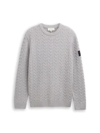 Tom Tailor - Strickpullover mit Zopfmuster grey offwhite plated - Gr. - L