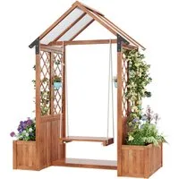 SOFTWEARY Spalier mit Blumenkasten und Schaukel, Holz-Pflanzengitter, Pflanzkasten, Rankgitter, Rankhilfe mit Dach