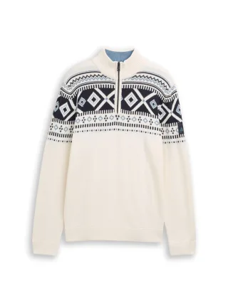 Tom Tailor - Fair-Isle Troyer Strickpullover offwhite fair isle design - Gr. - L