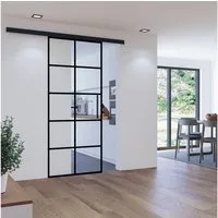 inova wohnen Glasschiebetür mit schwarzem 10 Felder Dekor klar, Größenauswahl (Komplett Set, inkl. Schienensystem und Stabgriff), Softclose-Funktion wählbar
