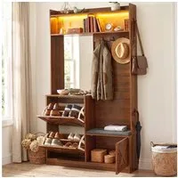 Merax Garderobenschrank mit LED-Beleuchtung (Flurschrank Garderobe 200 x 38 x 55 cm, 1-St) Kompaktgarderobe mit 2 Klappschuhfächern, Sitzbank, Haken,Metallgriffe