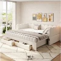 Flieks Daybett, Polsterbett Tagesbett 90/180x200cm mit Ausziehbett, 2 Schubladen, USB
