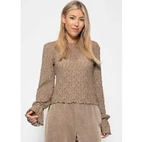 SASSYCLASSY Langarmshirt Spitzenshirt mit Volantärmeln Damen Transparentes Langarmshirt mit floralem Muster und Rundhalsausschnitt