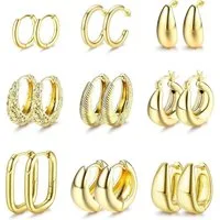 LuxusKollektion Creolen-Set 9 Paar Goldene Creolen Ohrringe Set Damen Mädchen 14K Vergoldet Chunky