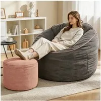 HAUSS SPOLE Loungesessel 2 Sitzer Rundsessel mit Seitentasche und Fußhocker für Wohnzimmer,Grau (Relaxsessel mit separatem Hocker in runder Formgebung für flexible Wohnbereiche), Seitliche Aufbewahrungstasche