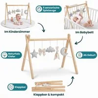 LuMali Baby Gym Holz Spielbogen klappbar 5 Spielzeuge 41x58x49cm Naturholz Kiefer, Spieltrapez Neugeborene sensorisch handgemacht faltbar leicht Geschenk
