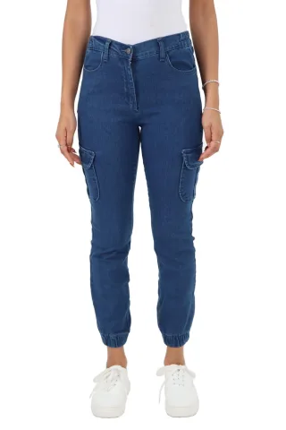Damen-Jeans mit seitlichem elastischem Bund und Bündchen in Blau
