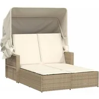 vidaXL Gartenliege Doppel-Sonnenliege mit Dach und Auflagen Beige Poly Rattan, 1 St.