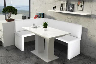Eckbankgruppe 196x142 cm ROBIN XL R Weiss / Esstisch DANTE Weiss HGL