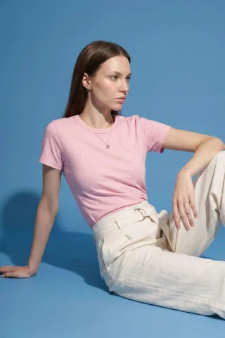 Damen Unifarbene Rundhalsausschnitt T-Shirt