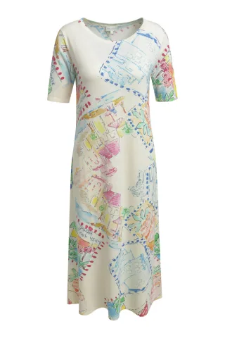 Milano Italy - mididress w roundneck 1/2 sleeve light blue print - Gr. - S
