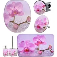 Sanilo Badaccessoire-Set 6-teilig Blooming, WC-Sitz mit Absenkautomatik, Badteppich 70 x 110 cm, Waschbeckenstöpsel, Badewannenstöpsel, Seifenspender, WC-Bürste, 6 tlg., hochwertig & modern, universell, leichte Montage