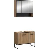 welltime Badezimmer-Set LOCRI, 2-tlg. Badkombination, Breite 80 cm, Rillenoptik, Metallkufen, (2-St., bestehend aus: Waschbeckeunterschrank & Spiegelschrank), Bad-Kombination, Bad-Möbel, Badezimmer, Kombination, Kombi