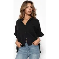 SASSYCLASSY Kurzarmbluse Oversize Musselin Hemdbluse Damen mit Rüschensaum Kurzärmelige Musselinbluse aus Baumwolle mit V-Ausschnitt