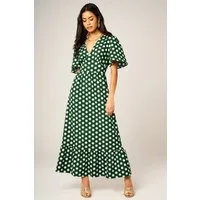 FS Collection Maxikleid Damen Maxikleid Sommerkleid Freizeitkleid Wickeloptik Gepunktet Wickeloptik, Punkte-Muster, Volantsaum, betonte Taille