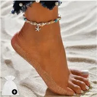 Felino Fußkette mit Anhänger Fußkettchen Damen Stern Muschel Seestern Türkis Strand Fusskette (1-tlg), Längenverstellbar (22 - 27 cm)