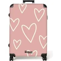 NoBoringSuitcases.com© Hartschalen-Trolley Rosa mit weißen Herzen 77 cm - 98 L, 8 Rollen, Hartschalenkoffer Groß für 30kg, Frauen Reisekoffer Trolley