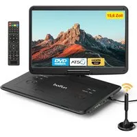 Boifun 15,6 Zoll Tragbarer Fernseher mit Integriertem DVD-Player Portabler DVD-Player (1366 × 768, Digitalem DVB-T2-Tuner Akku HDMI-Eingang FM-Radio)