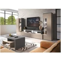 Lomadox Wohnzimmer-Set SELCE-83, (Mega-Spar-Set, 3-St., Wohnwand Vitrine Couchtisch), in beige mit anthrazit, grifflos, 3-teilig, inkl. Beleuchtung