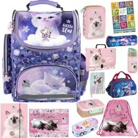 GOLDKIDS Schulranzen für Mädchen, 13er-Set - (Schul-Rucksack für Kinder mit Federmäppchen, 1-tlg., - Schuhbeutel Trinkflasche und Brotdose), - Katze Motiv- 1-3 Klasse