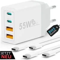 GreenHec Schnellladegerät USB-C iPhone mehrfach Handy Stecker Adapter mit Kabel USB-Ladegerät (0,00 mA, Spar-Set, 55w Quarto Charger + 1m USB-C Kabel, iPhone 17 16 15 14 13 12 iPad Pro Max Air Netzteil + 1m Ladekabel Fast)