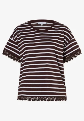 MORE & MORE - Streifenshirt mit Spitzenkante braun - Gr. - 38