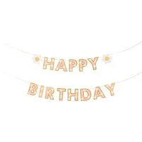 partydeco Girlande, Happy Birthday Girlande 14x200cm Gänseblümchen Banner Rosa / Gold
