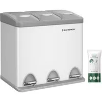 SONGMICS Mülleimer 3x8 L, kleine Kapazität, Mülltrennsystem 3 Fächer, für kleine Familien, Küche, mit Deckel, Stahl-Treteimer, Pedale und Inneneimer, weiß