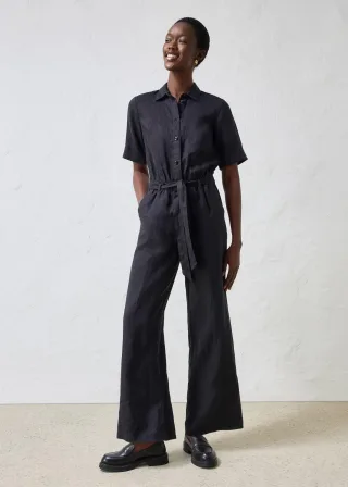 bonprix Jumpsuit aus reinem Leinen, schwarz, Gr.54, eleganter Jumpsuit aus reinem Leinen, mit passendem Bindegürtel