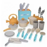 alldoro Spiel-Kochgeschirr Koch- und Geschirrset mit Messerblock für die Kinderküche, 21-teilig, (21-tlg), Küchenspielzeug-Set für Kinder, Messerblock, Töpfe, Pfannen & Geschirr
