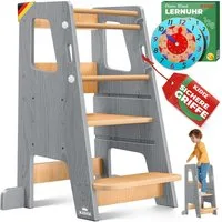 KIDIZ Stehhilfe (Tritthocker inklusive Lernuhr & abnehmbarer Anti-Kipp-Schutz), 3-stufig Höhenverstellbar, spielerisch motorische Fähigkeiten fördern