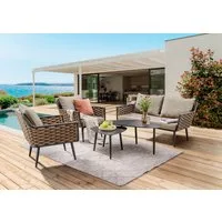 Destiny Gartenlounge-Set RAVENNA Set, Tisch 109x60x45cm, Beistellt. 60x60x40cm, coffee, (Set, 12-tlg., 2 Sessel, 1 Sofa, inkl. Polster, 1 Tisch, 1 Beistelltisch), Aluminium, Olefin-Rope