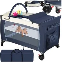 tectake Baby-Reisebett Kinderbett mit Wickelauflage und Transporttasche 132x75x104cm, mit großen Mesh-Einsätzen, Wickelauflage und Seiteneingang in blau